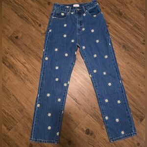 Pink Lily Blue Denim Straight Leg Jeans with Daisy Embroidery